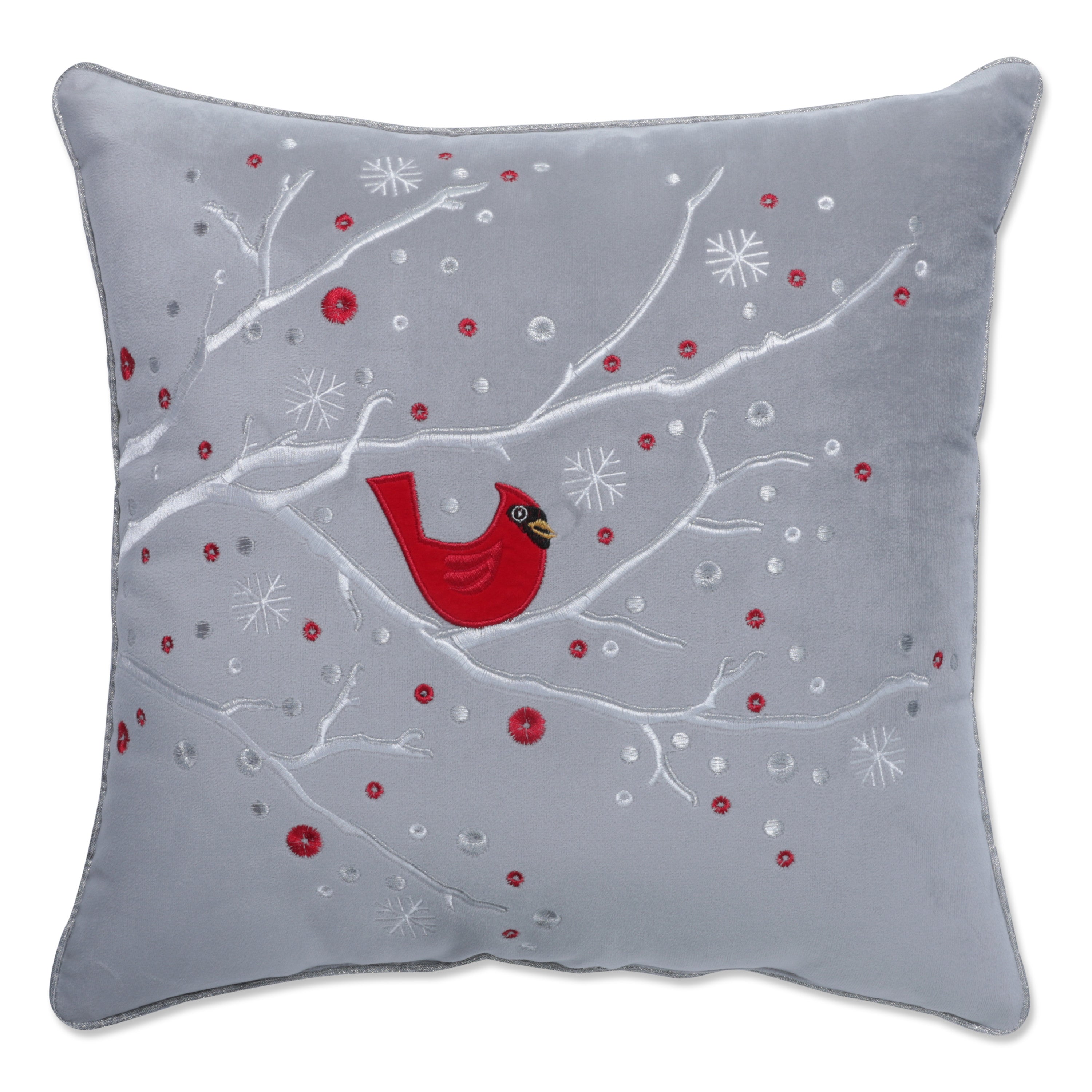 Indoor Velvet Christmas Cardinal Gray 17-inch Throw Pillow